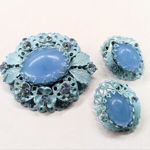 Vintage Enameled Baby Blue Brooch Earrings Set